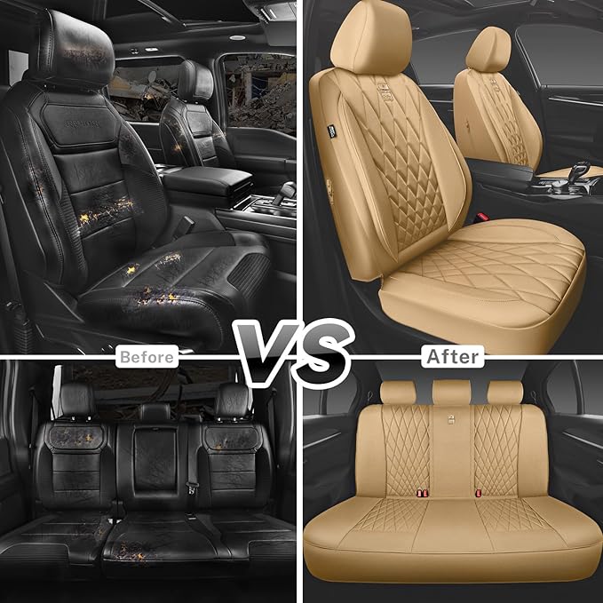CAR PASS Piping Luxury Leather Seat Covers Full Set,5 Seats Leatherette Anti-Slip Waterproof Seat Covers Compatible with Fron