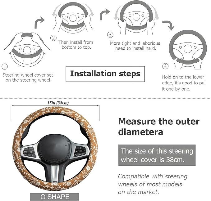 Brown Japanese Style Flower Steering Wheel Cover Auto Embroidery Steering Wheel Protector, Anti-Slip, Breathable, Absorbing Sweat, Universal Car Accessories 14.5–15 inch,Fit for Most Car, Trucks, SUV