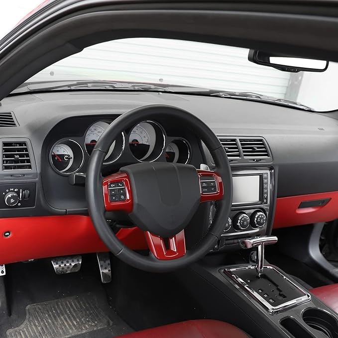 Linskip Steering Wheel Trim Compatible with Dodge Challenger/Charger/Durango/Dart 2009-2014 & Journey 2013-2022, Steering Wheel Cover for Challenger Interior Accessories 3Pcs(Red)