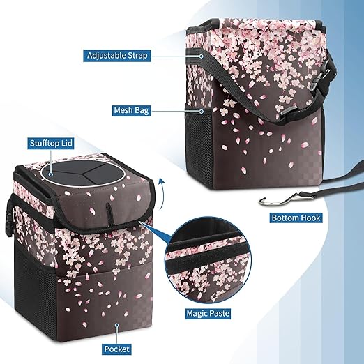Car Trash Can – Multi-Purpose, Lightweight and Portable with Durable Water-Resistant Coating, No Installation Required, Practical and Ample Capacity, Variety of Colors.Pink Falling Petals
