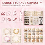 3 Layer Jewelry Boxes Large Jewelry Holder Organizer Case with 2 Jewelry Organizer Drawer PU Necklace Organizer Lockable Upgr