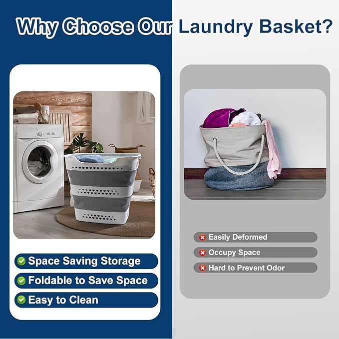 Collapsible Laundry Baskets Foldable Pop Up Laundry Hamper Plastic with Comfort Handles Folding Laundry Basket Space Saving P