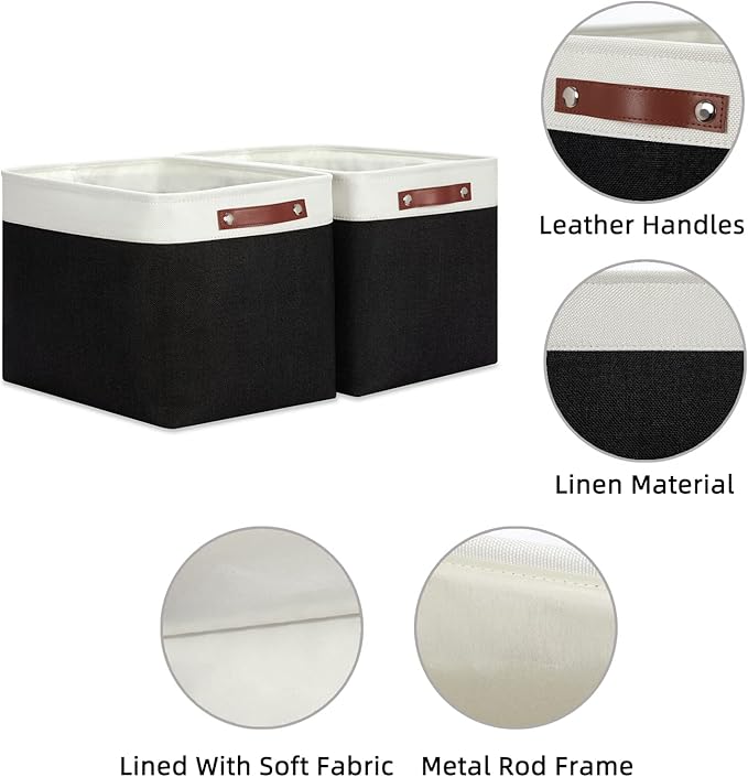 HNZIGE Decorative Organizer Baskets for Shelves 16"×11.8"×11.8" Large Storage Bins with Leather Handles (2 Pack) Foldable Sto