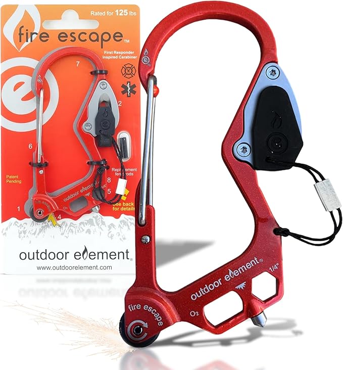 OUTDOOR ELEMENT Fire Escape, Emergency Escape Tool, Seatbelt Cutter, Window Breaker, Multi Tool, Fire Starter, Carabiner, and