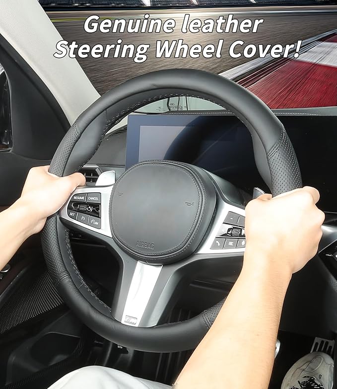 Custom-Fit for Tesla Steering Wheel Cover, Genuine Leather Steering Wheel Cover, Non-Slip, Breathable, for Tesla Accessories (Black (Black line), for Tesla)