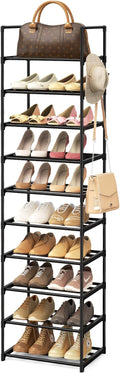 Narrow Shoe Rack 10 Tiers Tall Shoe Rack for Entryway 20 24 Pairs Shoe & Boots Organizer Storage Shelf Durable Black Metal St