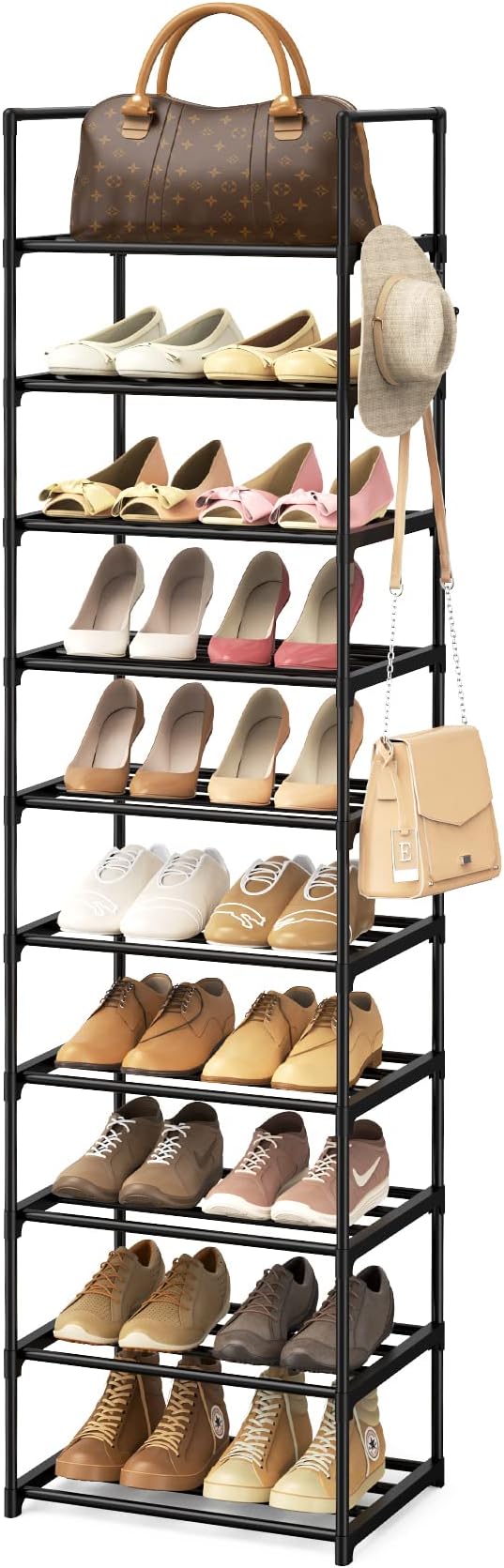 Narrow Shoe Rack 10 Tiers Tall Shoe Rack for Entryway 20 24 Pairs Shoe & Boots Organizer Storage Shelf Durable Black Metal St
