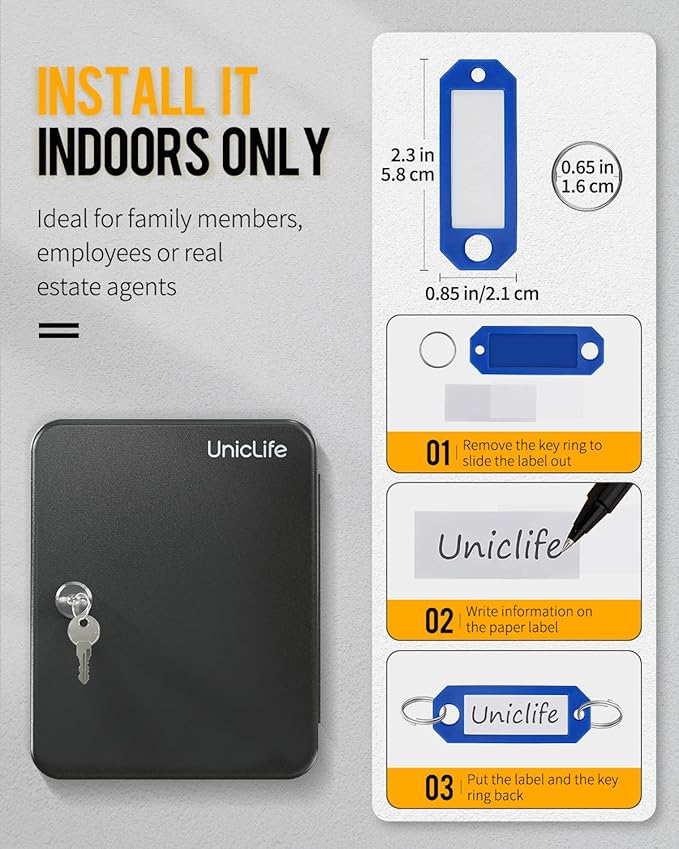 Uniclife Steel Key Cabinet Wall Mounted Organizer - 28 Keys, 2 Unlocking Keys - Black Frosted Security Box with Hooks and Col