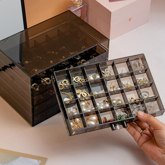 SPAKOWN Earring Organizer, Acrylic Jewelry Holder Organizer with 5 Drawers Stackable Earring Storage Case Jewelry Boxes for W