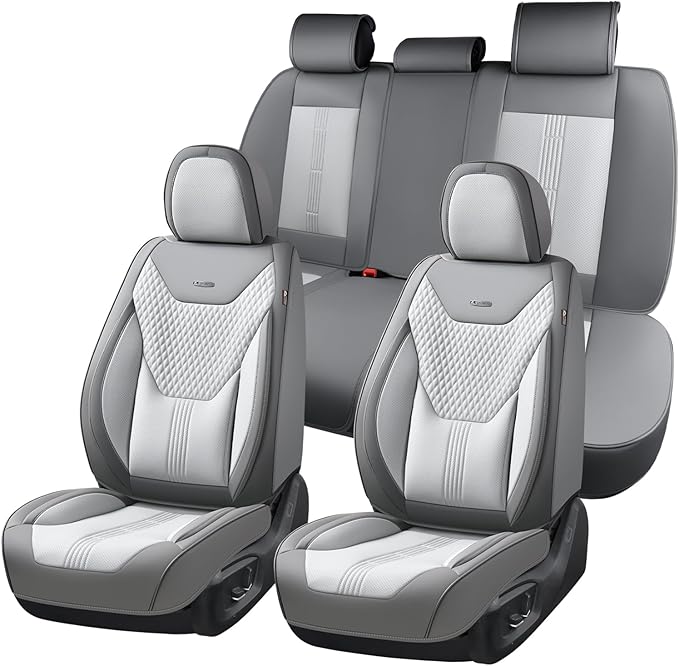 Coverado Car Seat Covers Full Set, Front Seat Covers with Lumbar Support and Back Seat Cover Waterproof Leather Automotive Se