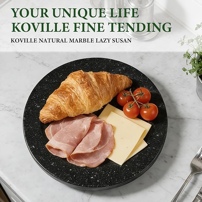 Koville 12'' Black Marble Lazy Susan Marble Turntable for Kitchen Dinning, Granite Lazy Susans Organizer for Cabinet, Serving