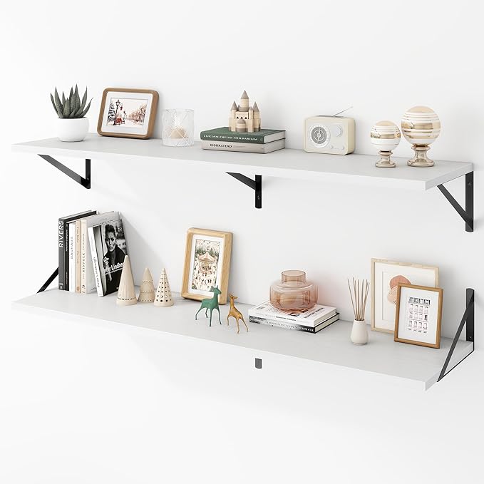 Deep Floating Shelves Wall Mounted, 48"x12" White Wall Shelves with Brackets Set of 2 for Bedroom, Living Room, Bathroom, Kit