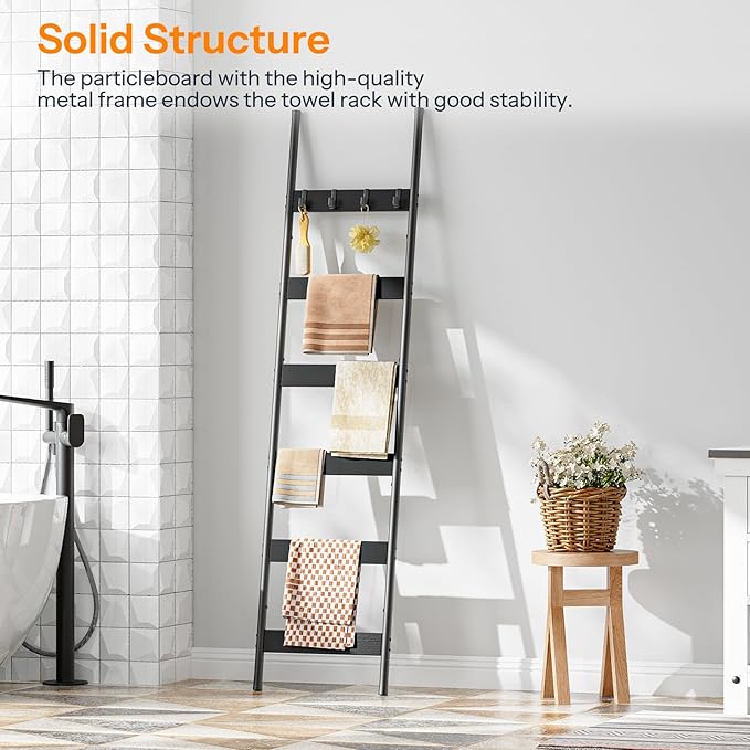 HOOBRO Blanket Ladder, 6-Tier Towel Rack with Hooks, Wall-Leaning Blanket Rack, Decorative Display Ladder Shelf, Scarves, Ind