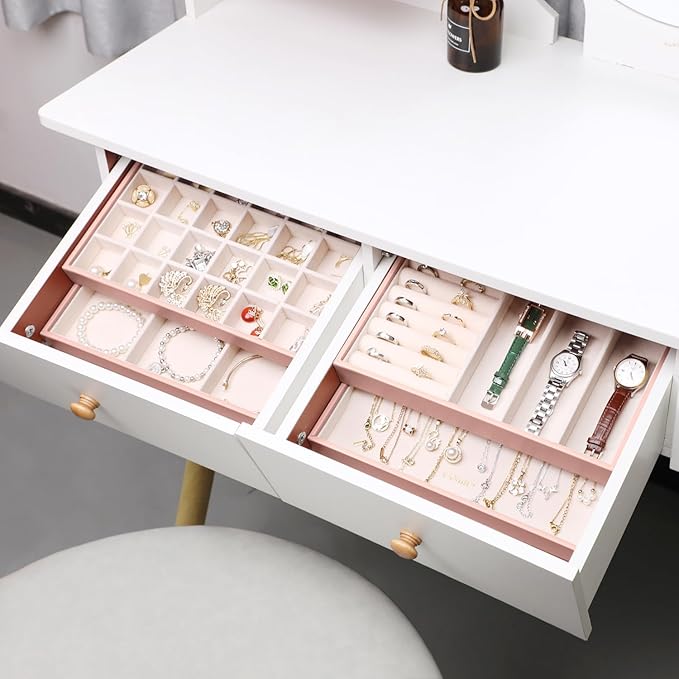 LANDICI Stackable Jewelry Organizer Trays 4 Set,PU Leather Jewelry Organizer Drawer,Jewelry Storage Display Tray for Earring 