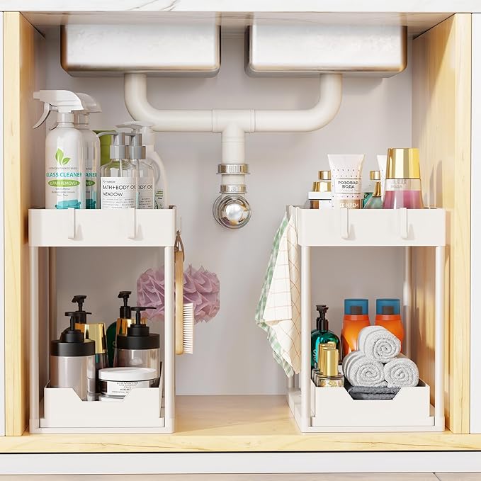 Simple Trending Under Sink Organizer 2 Pack, Sink Pull-Out Sliding Storage Cabinet, 2-Tier Under Shelf Organizer for Kitchen 