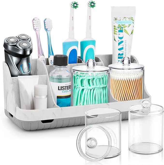 GFWARE Bathroom Toothbrush Holder Set with 2 Pack Qtip Holder Dispenser - Detachable 7 Slots Bathroom Accessory Set, Kids Mar