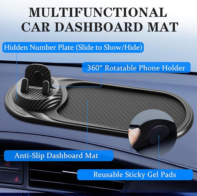 3-in-1 Multifunctional Car Anti-Slip Mat, 360° Rotating Phone Holder with Hidden Parking Number Plate, PVC Dashboard Mat, Fit