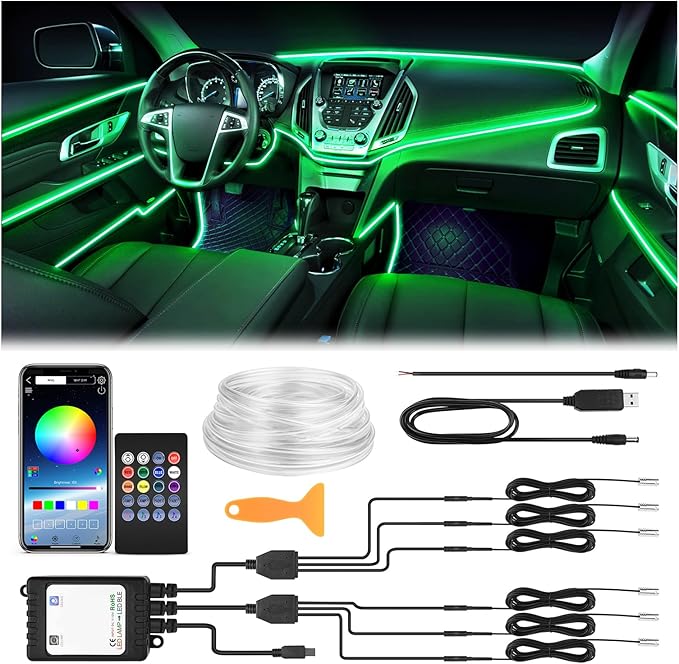 Interior Car LED Strip Lights 315 inches Fiber Optic tubing USB Powered RGB 6 in 1 Car Neon with Wireless APP and Remote Control, Ambient Lighting Kits 16 Million Colors,Sync to Music