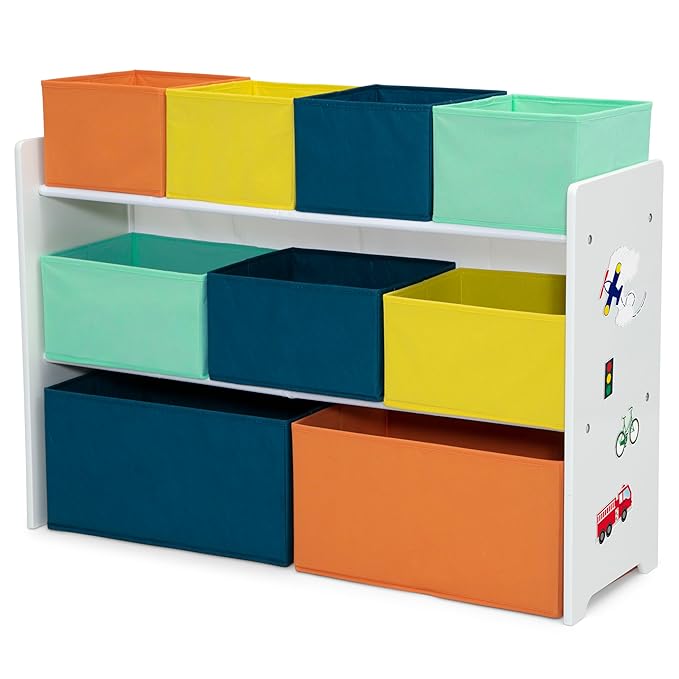 Delta Children Deluxe Multi-Bin Toy Organizer with Storage Bins - Greenguard Gold Certified, White with Navy/Green/Pastel Bin
