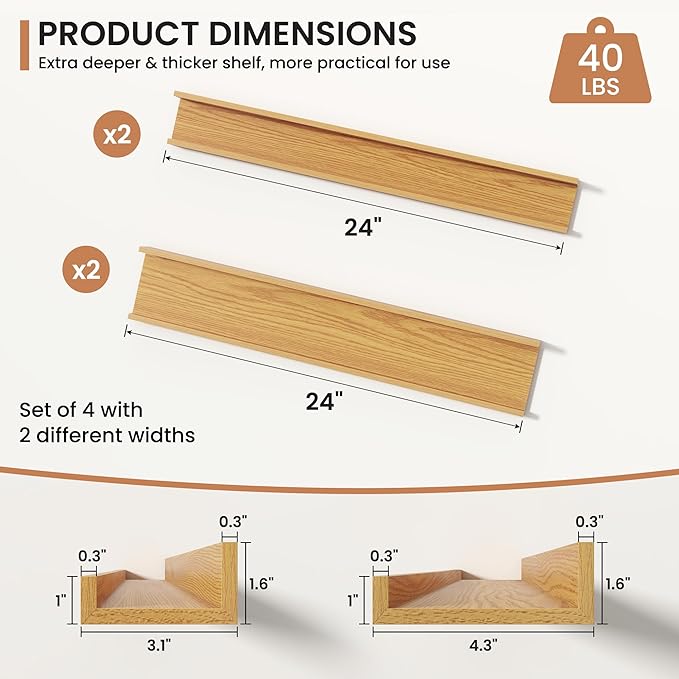 Fun Memories Picture Ledge Shelves Set of 4, 24 Inch Rustic Wall Mounted Floating Shelves with Lip for Home Storage and Décor