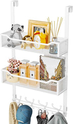 SWTYMIKI Over The Door Hook with 16 Hooks & 2 Mesh Baskets - Heavy Duty Over The Door Organizer Hanger for Towels, Coats, Clo