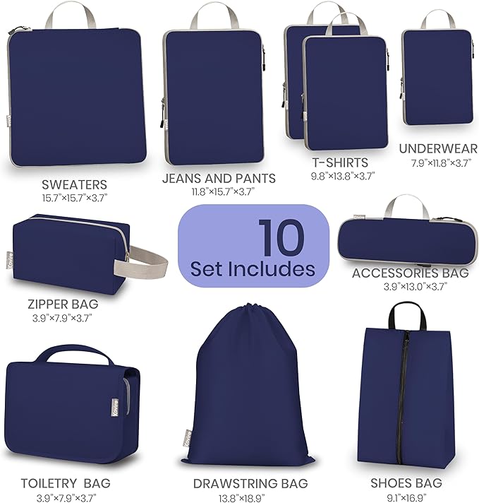 Compression Packing Cubes for Travel, Set of 10 Expandable Luggage Organizers with Shoe Bag, Lightweight Water-Resistant Suit