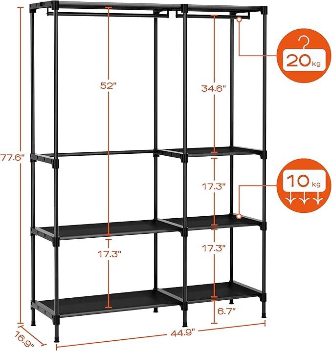 CASAMAYA Clothes Rack, Portable Closet, 44.9 Inch Large Capacity Wardrobe Closet, Clothes Storage Organizer with Shelves and 