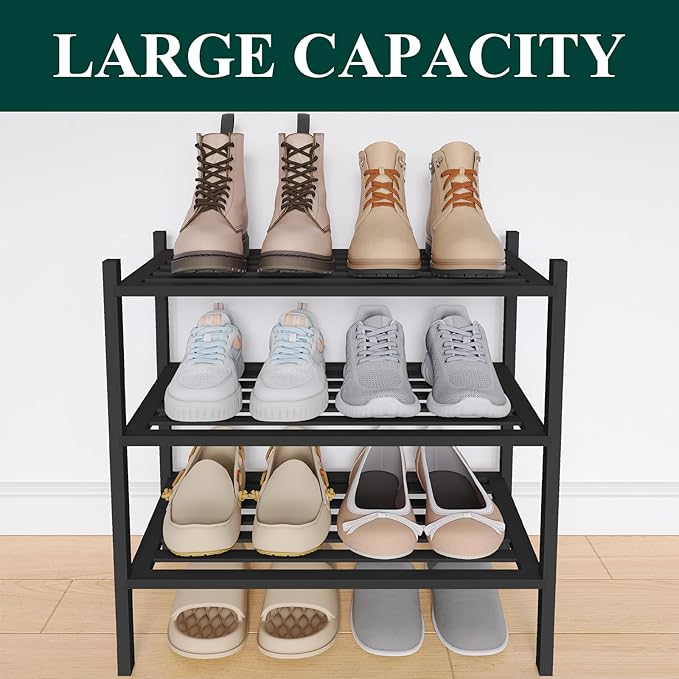 Smiry Small Bamboo Shoe Rack 3-Tier, Stackable Wooden Shoe Organizer for Entryway & Closet, Free Standing Wood Shoe Storage S
