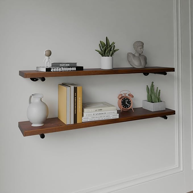 Industrial Pipe Wall Wood Shelves,Real Wooden Shelves 48" in Walnut Color with 1.2" Extra Thickness, Modern Floating Shevles