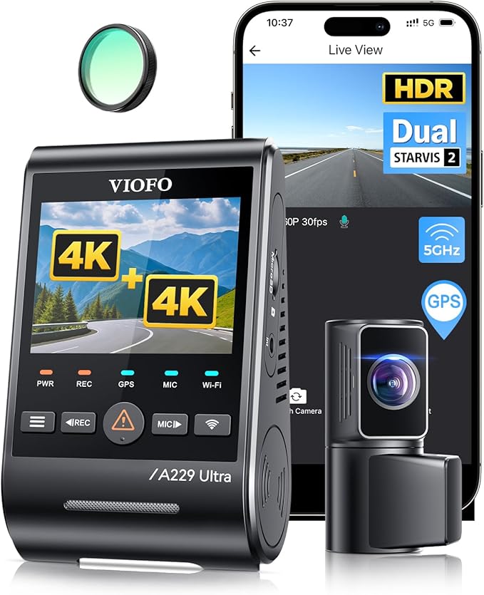 VIOFO A229 Ultra 2CH Dual 4K Dash Cam Front and Rear, Dual STARVIS 2 IMX678 Sensors & 2-Channel 4K HDR, Faster 5GHz Wi-Fi & P