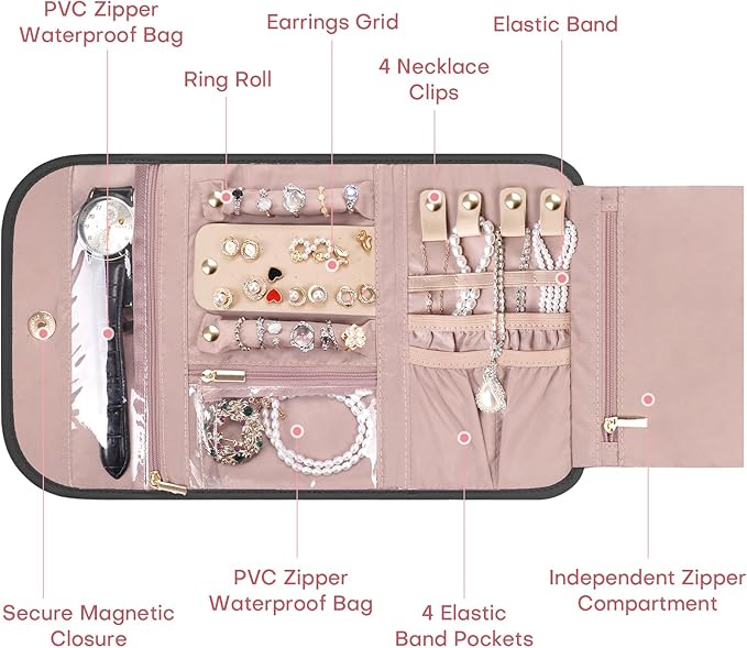 Travel Jewelry Organizer Box, Foldable Travel Case for Earrings, Necklaces, Rings, Bracelets, Black