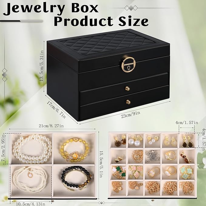 3 Layer Jewelry Boxes for Women with Mirror Large Jewelry Holder Organizer with 2 Jewelry Organizer Drawer PU Lockable Elegan