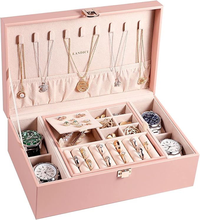 LANDICI Jewelry Box Organizer for Women, 2 Layer 4 Slot Watch Storage Case with Removable Tray, PU Leather Large Jewellery Ho