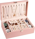 LANDICI Jewelry Box Organizer for Women, 2 Layer 4 Slot Watch Storage Case with Removable Tray, PU Leather Large Jewellery Ho