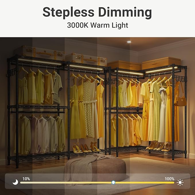 VIPEK L4L Portable Closet with Dimmable LED Lights, L Shaped Clothes Rack for Corner Space-Saving Storage, 3 Hanger rods for 