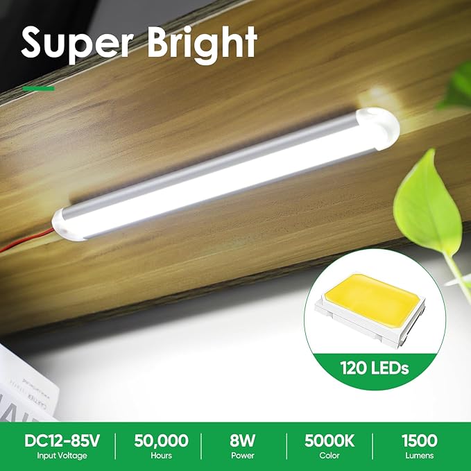 ropelux 12v Led Light Bar Strip, 120leds 1500LM 8W DC 12 Volt Led Strip Lights Fixtures with Switch, Enclosed Trailer Lights for RV Interior, Van, Truck Lorry, Camper, Boat, Caravan, Motorhome (9Pcs)