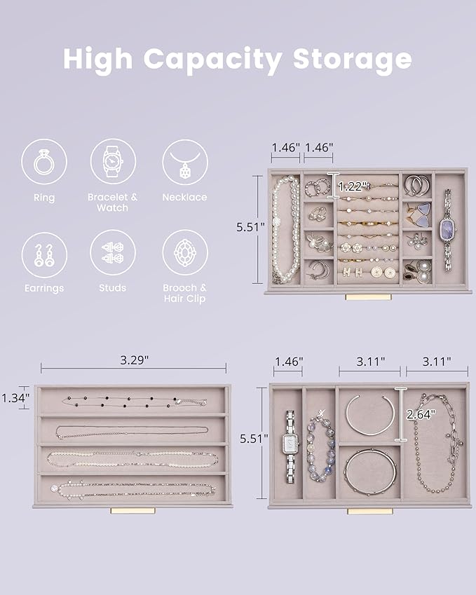 Lolalet Jewelry Box Organizer, 3-Layer Jewelry Organizers and Storage Case with Glass Lid, Ring Earring Bracelet Necklace Hol