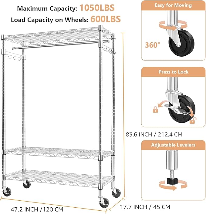 M MZG Heavy Duty Rolling Garment Rack 3 Tiers Adjustable Wire Shelving Clothes Rack with Rods and Side Hooks,Storage Closet C