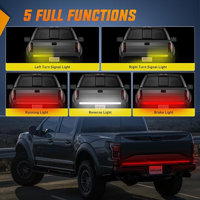 Nilight Truck Tailgate Light Strip 60" Quad Row 648 LED Strip with Red Running Brake Lights White Reverse Lamp Amber Turn Signals