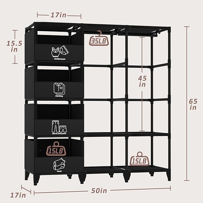 Portable Closet, Easy Assembly, Large Capacity Wardrobe Closet, Sturdy and Stable Clothes Rack with Shelves 4 Storage Baskets