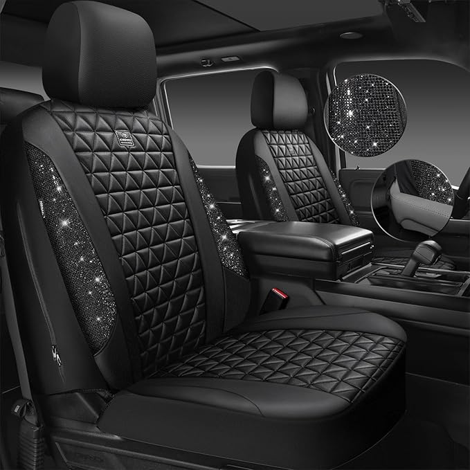 CAR PASS Bling Diamond Black Leather Car Seat Covers Full Sets Interior Sets, Waterproof Shining Glitter Sparkly Crystal Univ