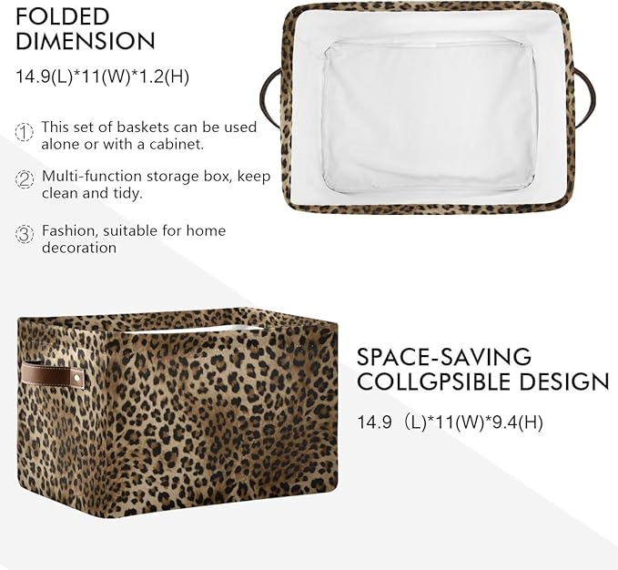 Leopard Print Vintage Storage Basket Collapsible Cloth Storage Cube Basket Bins Organizer with Handles Rectangular Large Toys