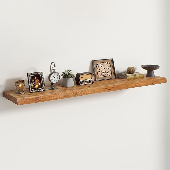 Live Edge Elm Floating Shelves For Wall - 55" W x 9.3" D Rustic Solid long Wood Shelves with Invisible Bracket, Wall-Mounted 