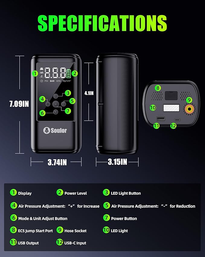 6000A Car Battery Jump Starter with 160 PSI Air Compressor, Battery Jumper Starter Tire Inflator Portable, Battery