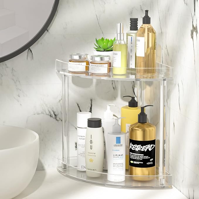 NPPLUS 2 Tier Acrylic Bathroom Counter Organizer, Clear Bathroom Countertop Corner Organizer, 2-Tier Corner Storage Shelf Van