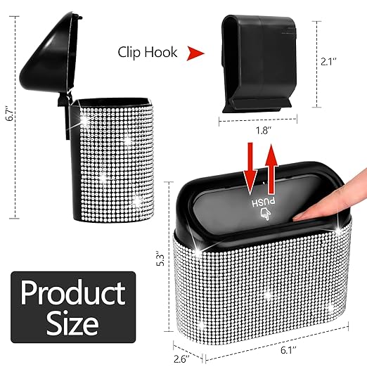 NBTEPEM Bling Car Trash Can with Lid, Mini Auto Garbage Can with 30 Trash Bags, Leakproof Automotive Garbage Container Bin, Bling Car Accessories Trash Can for Women (Silver Diamond)