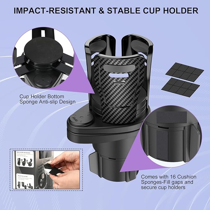 JINKEY Upgrade 2 in 1 Multifunction Cup Holder Extender, 360°Adjustable Rotating Dual Cup Holder Insert for Stanley Car Water Bottle Holder Adapter Carbon Fiber