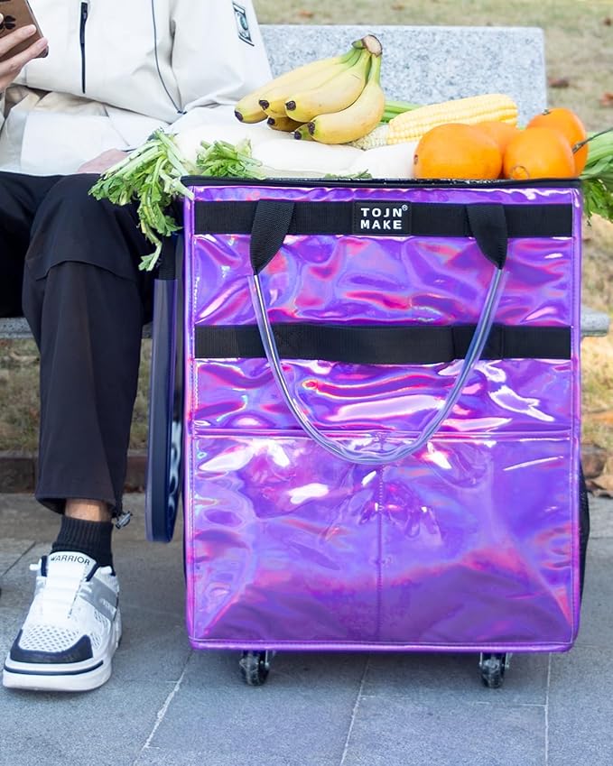 Reusable Grocery Bag On Wheels (Medium, Glitter Purple), Shopping Trolley, Rolling Tote with 8 Pockets and Zipper Cover, Foldable, Heavy Duty Handles, Carries Up to 66 LBS
