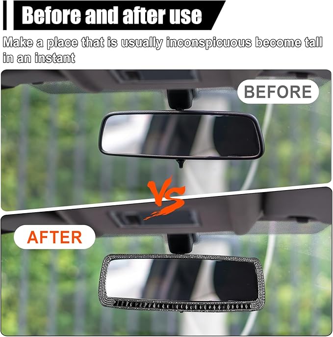 ZIMISI Bling Car Rear View Mirror, 10.51 Inch HD Glass Wide Angle Rearview Mirrors, Clip-on Crystal Diamond Panoramic Rear View Mirror Accessories, Bling Car Decorations for Women (Black)