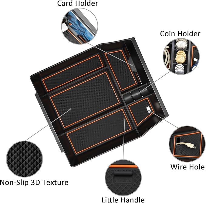 Center Console Organizer Tray for Ford F150 2021 2022 2023 2024 Accessories Interior Secondary Storage Armrest Box Insert Hidden Cubby Drawer (Full Console w/Bucket Seats ONLY) (Orange Trim)